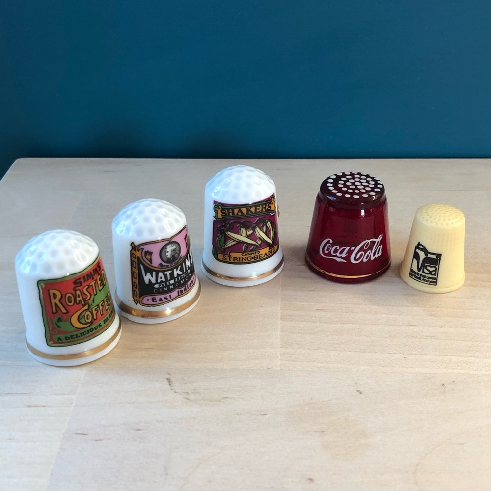 Thimble Lot of 5 Vintage Advertising Coca-Cola Ruby Glass Watkins Simms Coffee